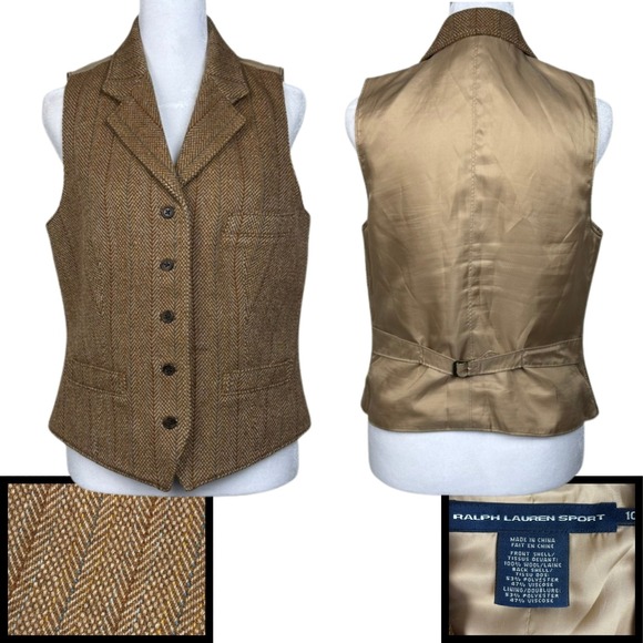 Ralph Lauren Sport Jackets & Blazers - Ralph Lauren Sport Vest Women 10 Brown Herringbone Wool Tweed Waistcoat Academia